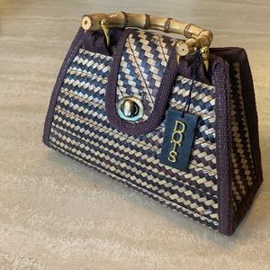 DOTS Handbag, brown & tan straw, bamboo handles.